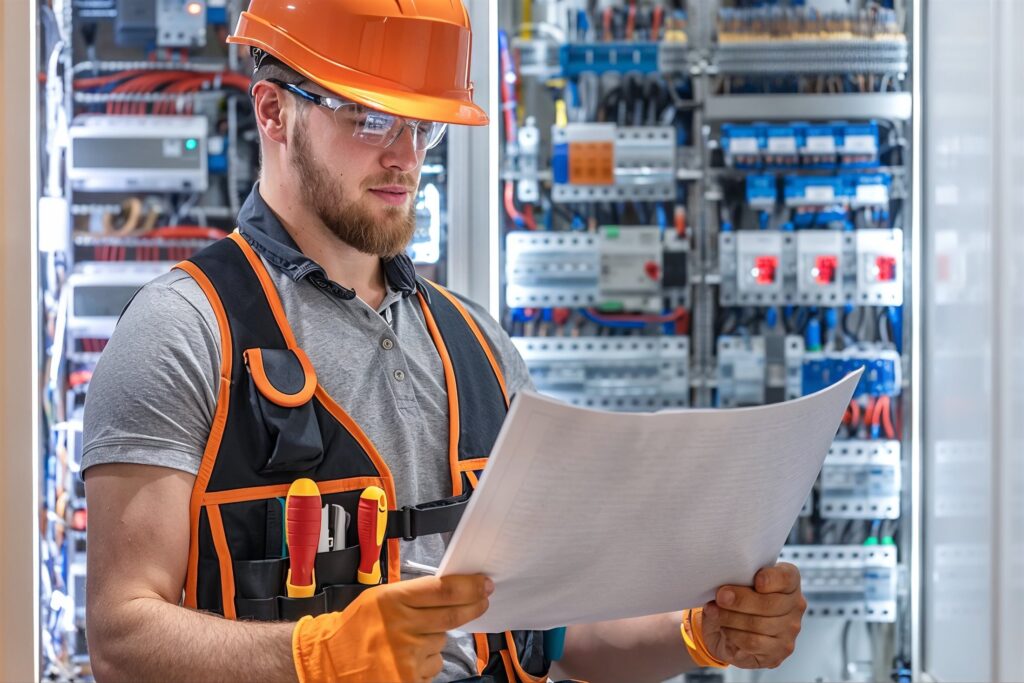 EM3 engineer reviewing metering documentation in front of an electrical distribution panel on site