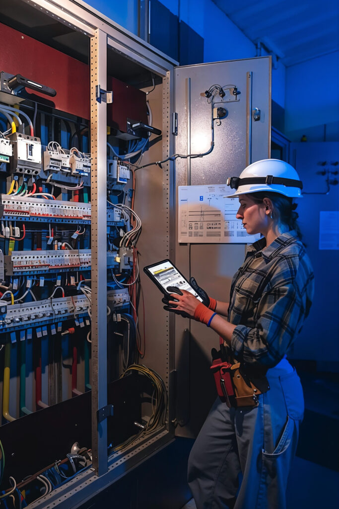 Technician with a tablet investigating a complex open switchgear cabinet packed with dense wiring