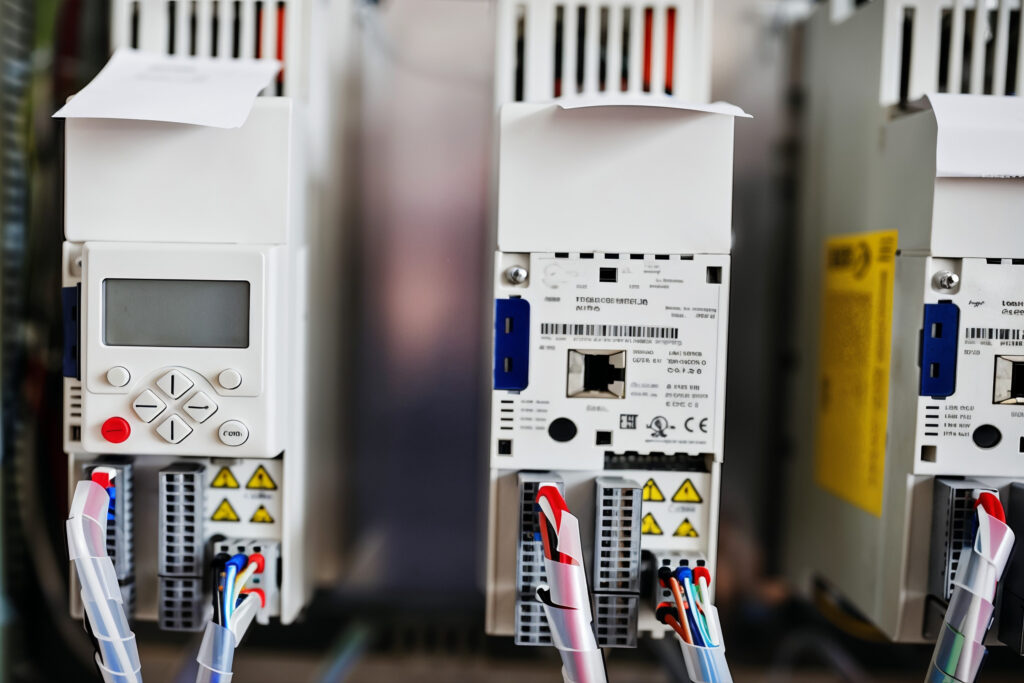 Cleanly installed metering hardware with digital meter displays, drives and neatly terminated wiring in an electrical cabinet