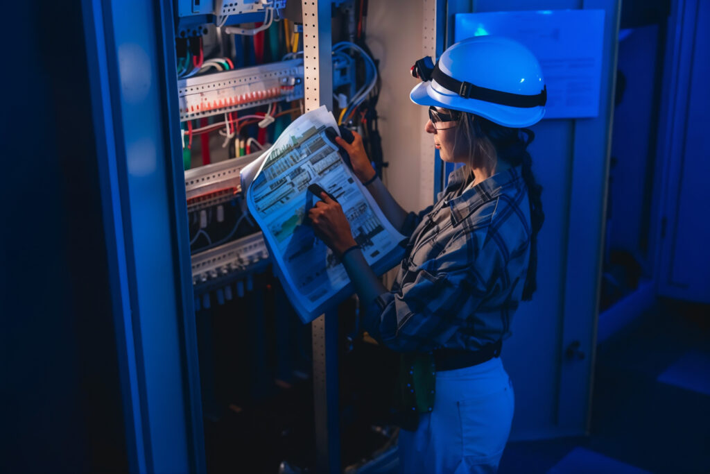 Engineer in PPE inspecting an electrical metering switchboard against a technical wiring diagram on the plant floor