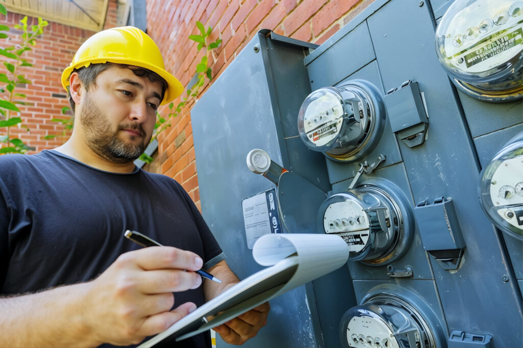 Engineer in hard hat reading electrical meters and recording readings on a clipboard
