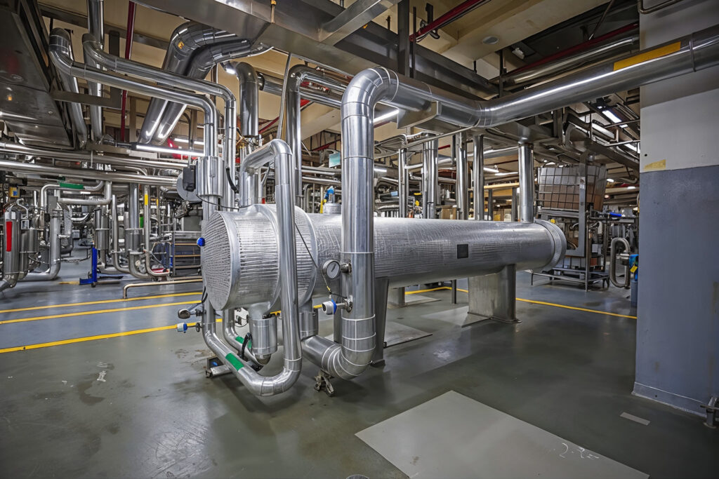 A complex maze of stainless steam and utility pipework inside an industrial plant