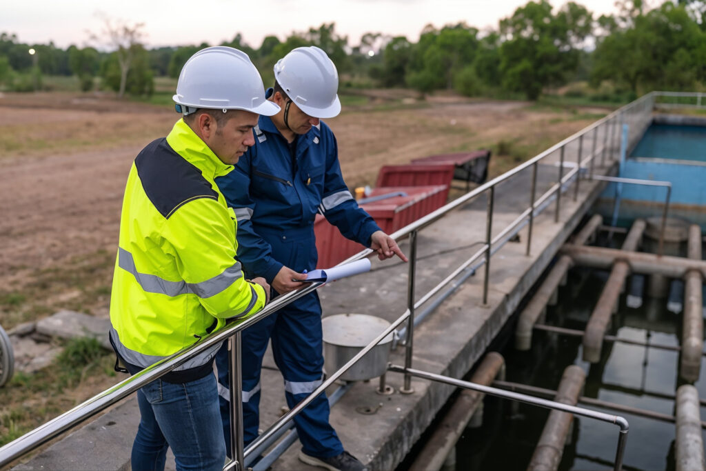 Two engineers in PPE confirming results from a report at an operating treatment plant