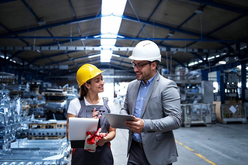 Two engineers in hard hats reviewing performance notes together on a plant floor