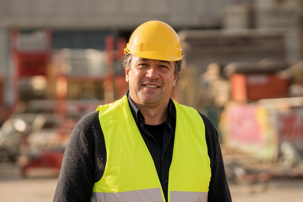 Credible engineer in a hard hat and hi-vis on an industrial site