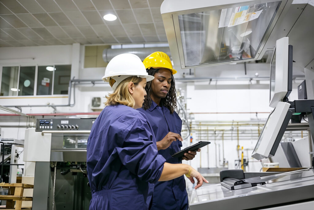 Two engineers in PPE confirming readings at an industrial control board with a tablet on a well-run plant floor