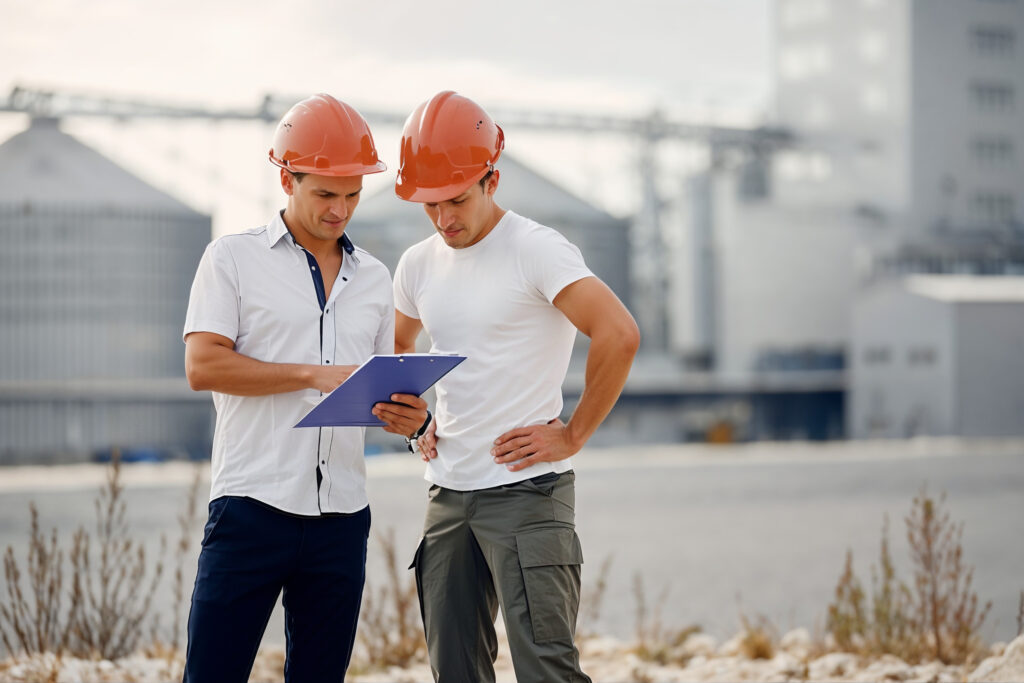 Engineers in helmets at an industrial facility conducting an energy review