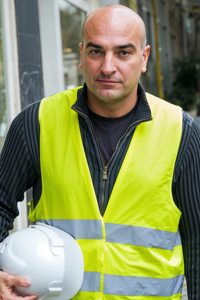 Credible engineer in hi-vis reflective clothing standing on an industrial site