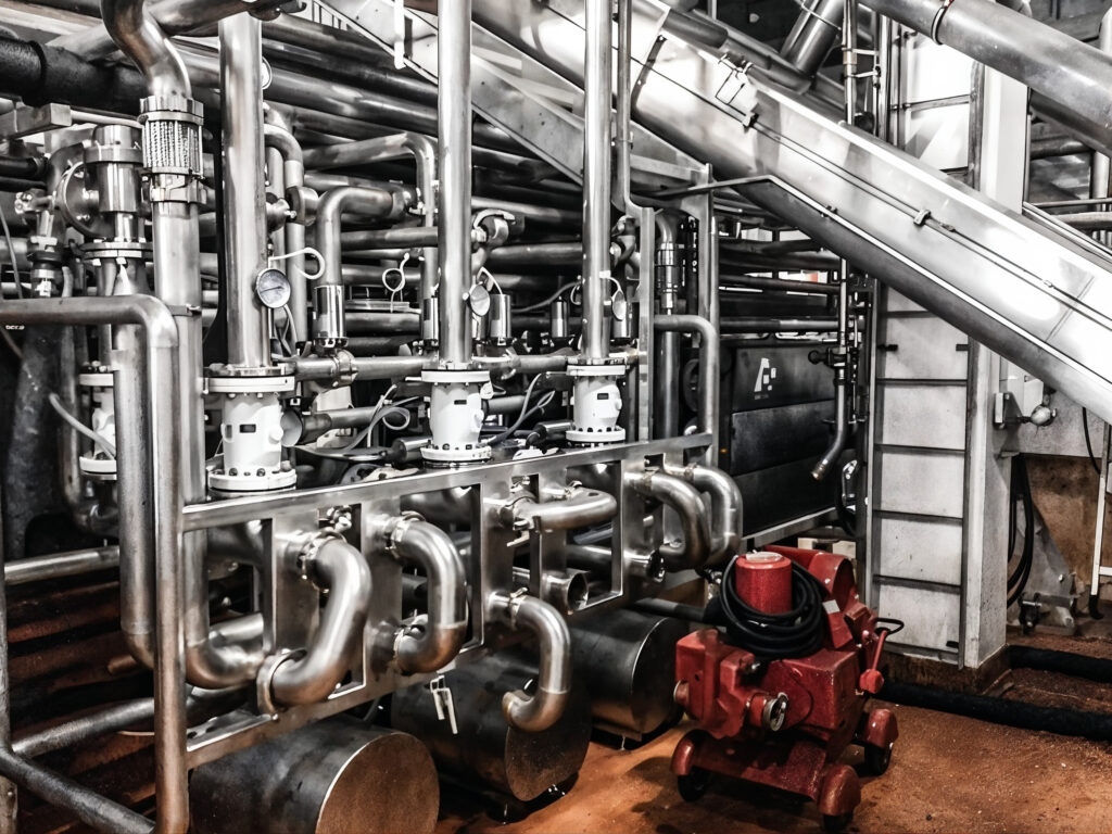 A complex network of metallic process pipework in an industrial plant
