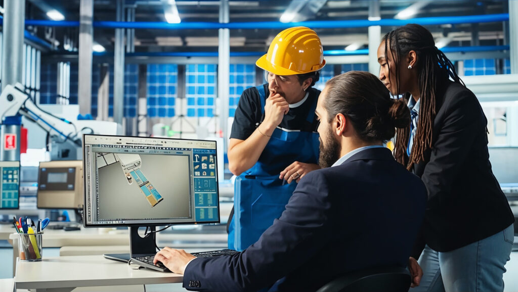 An aligned engineering team reviewing a technical design together in an industrial facility