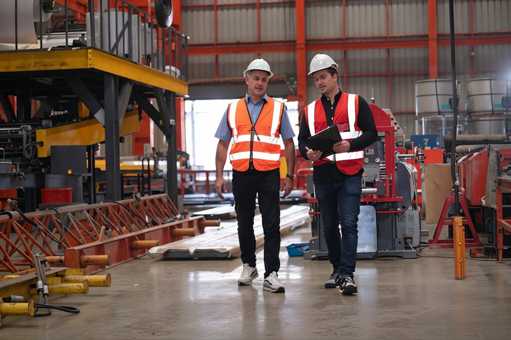 Two engineers in hard hats and hi-vis walking a plant floor reviewing notes during on-site training