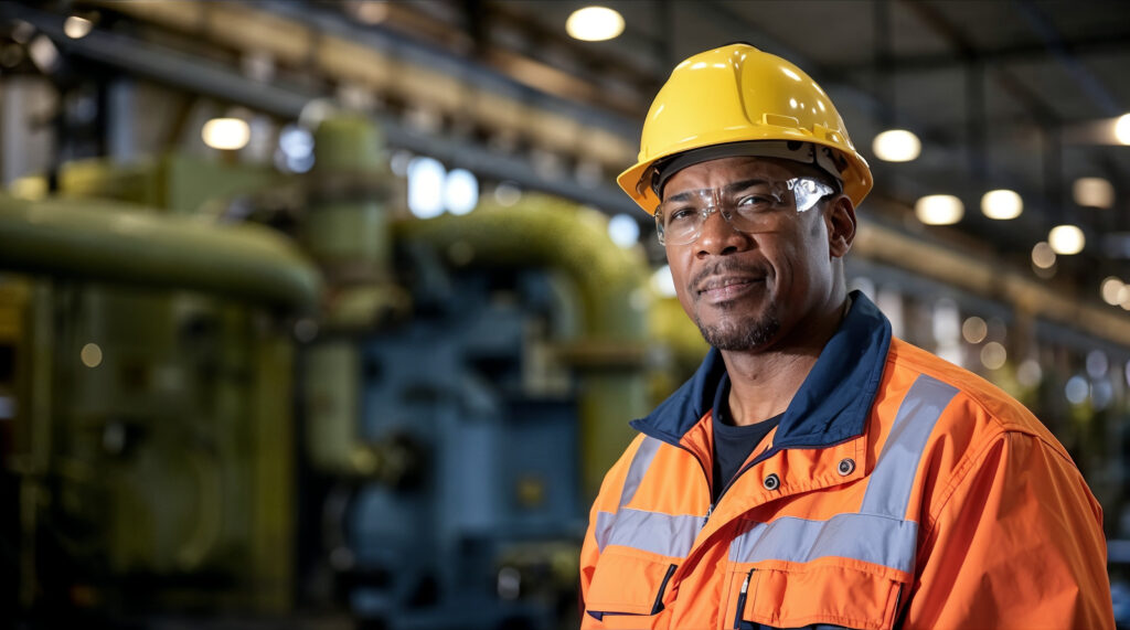 Confident engineer in a hard hat, safety glasses and hi-vis jacket in front of process equipment on an industrial site