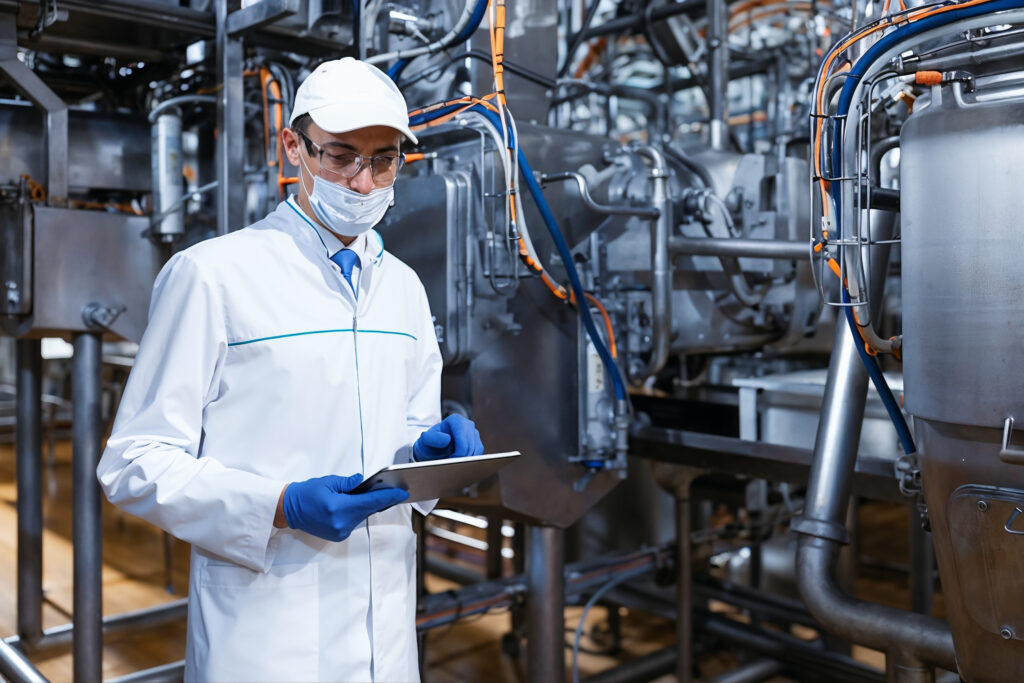Technician in PPE recording notes on a tablet on a processing plant floor