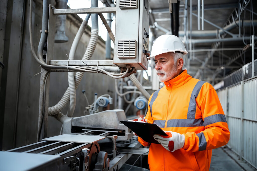 Senior supervisor in hi-vis checking production by machinery in a well-run plant