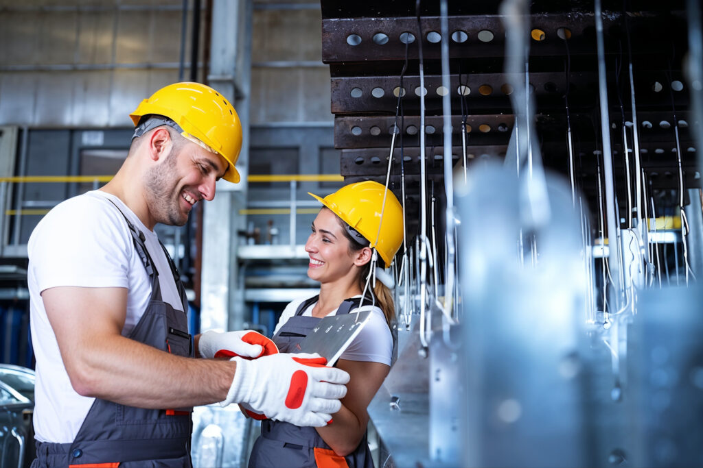 Two workers in hard hats and safety gear engaging on an industrial plant production floor