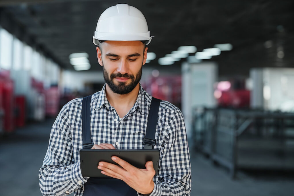 Engineer in a hard hat reviewing notes on a tablet on an industrial plant floor