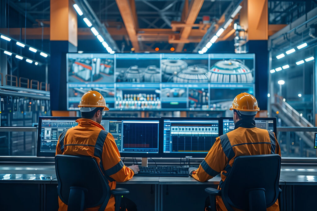 Two plant operators in hard hats monitoring complex technical data on large control-room screens