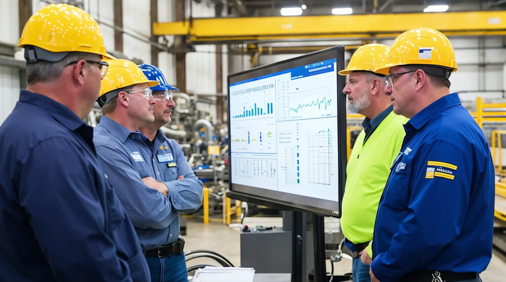 Team of engineers in hard hats reviewing performance data on a large screen on a plant floor
