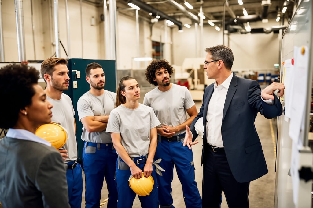 Senior engineer explaining a technical board to a group of workers on a factory floor