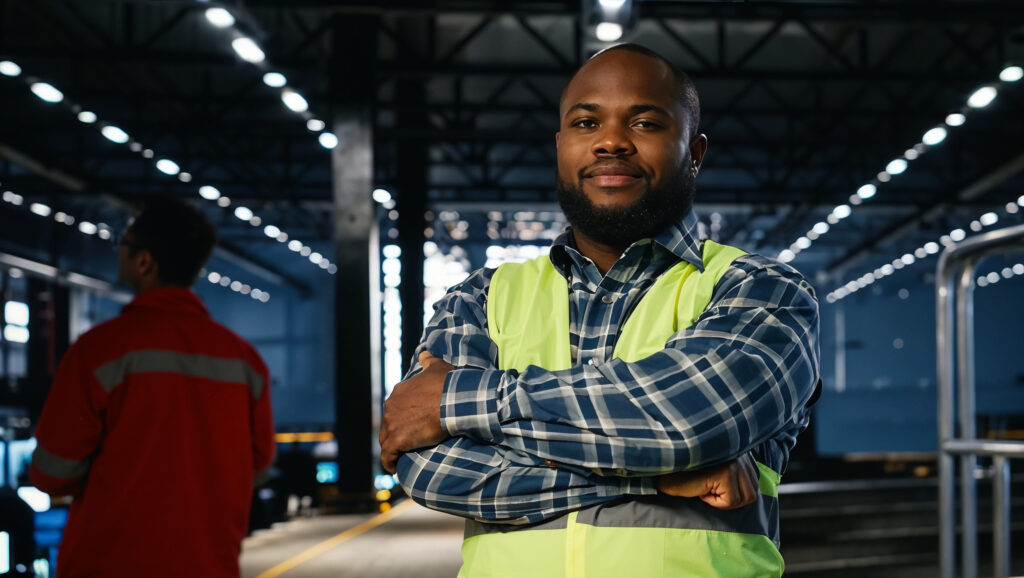Credible senior engineer in a hi-vis vest standing in an industrial plant