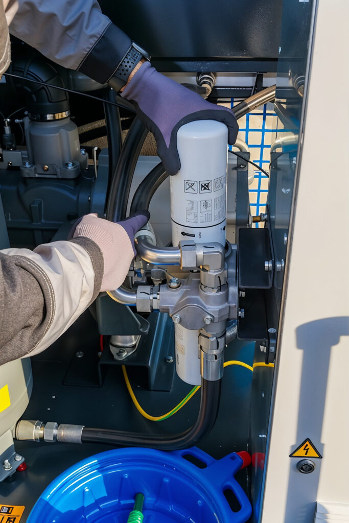 Technician in work gloves servicing the oil filter on an industrial air compressor unit