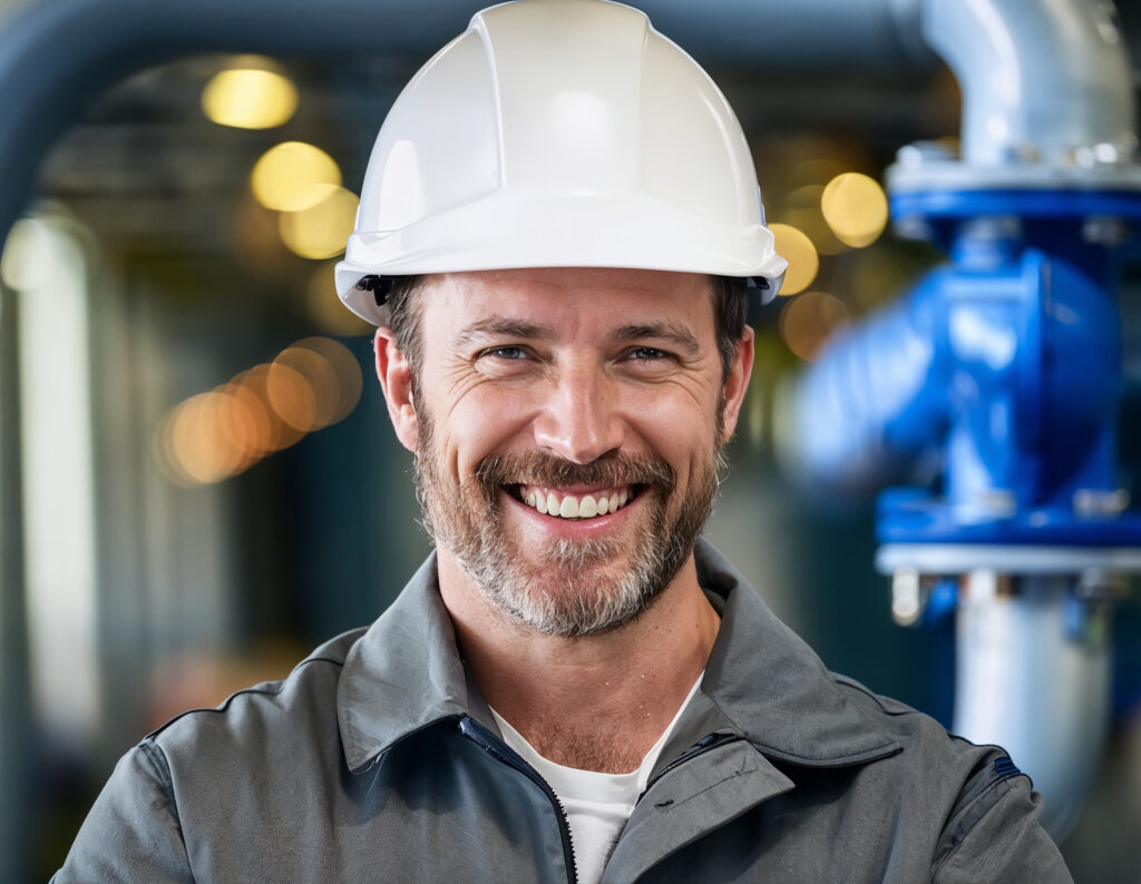 Confident engineer in a hard hat on an industrial plant floor with pipework and a blue valve behind him