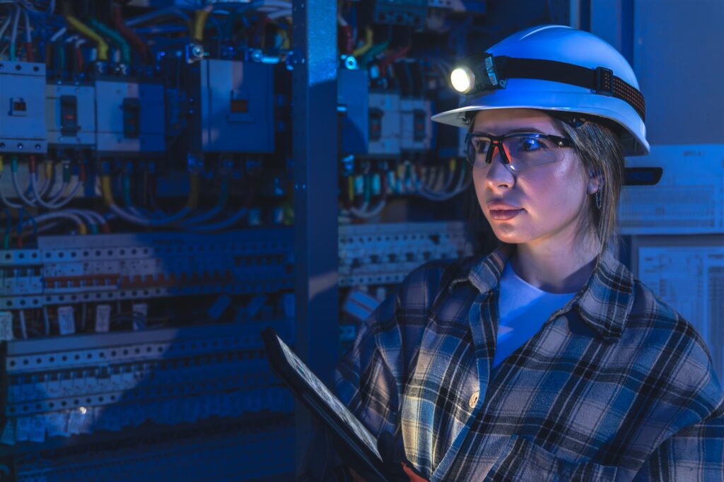 Engineer in PPE inspecting a complex industrial electrical switchgear cabinet