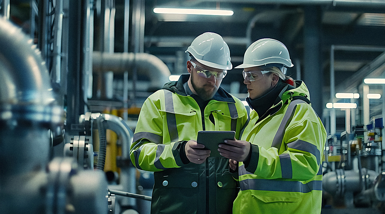 Two EM3 engineers reviewing an industrial process plant on site, one measurement standard across every country