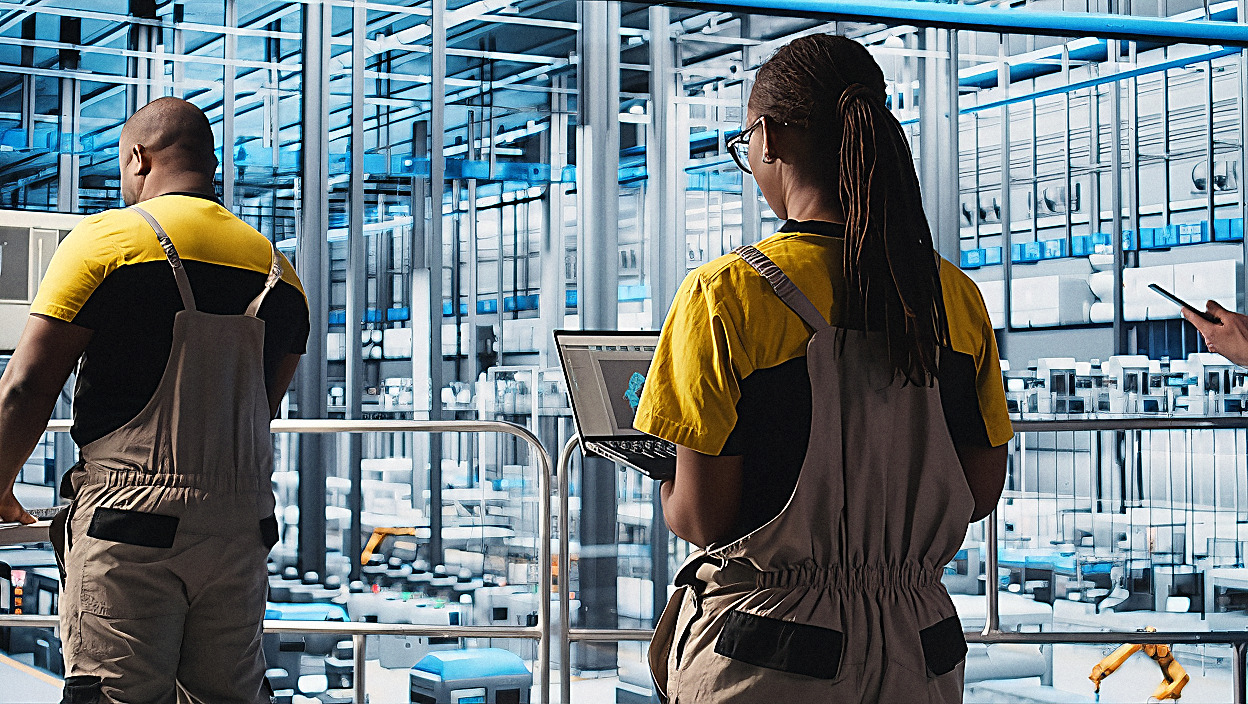 An EM3 engineering team reviewing live energy data together in a plant