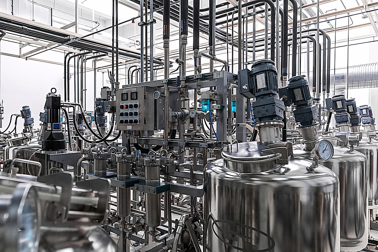 Process pipework and tanks inside a pharmaceutical facility