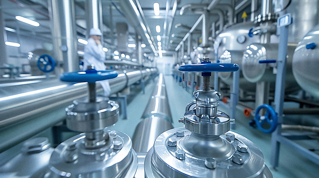 Stainless steel pipework inside a pharmaceutical plant