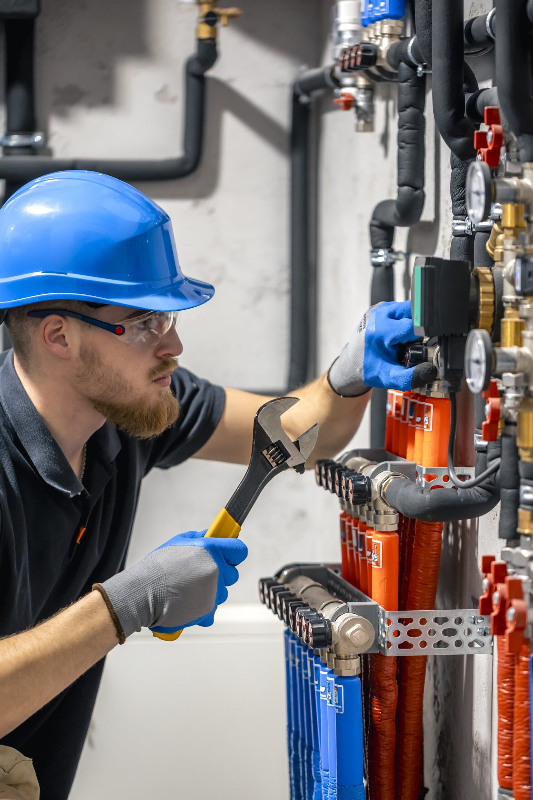An engineer in a hard hat and safety glasses checking pressure gauges and valves on a plant room heating manifold