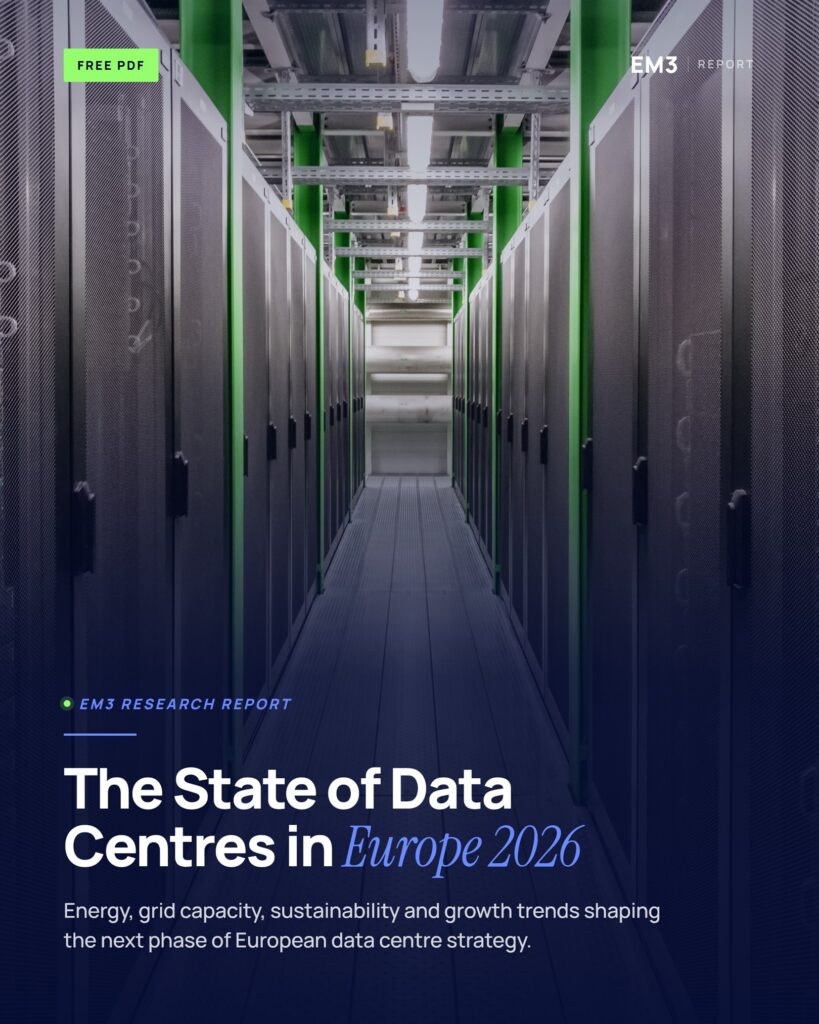 A corridor of server racks in a European data centre hall